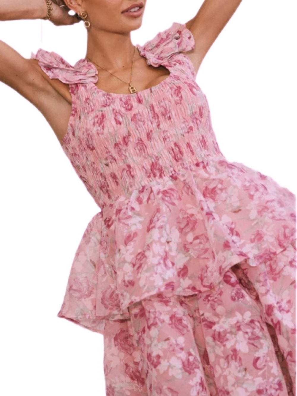 &Merci Floral Pink Ruffle Tiered Smocked Midi Dress NWT – Size Small